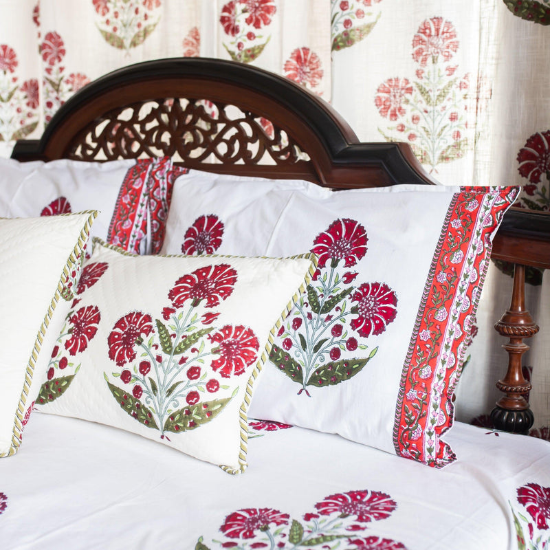 Aafreen Red Poppy Blockprint Handstitch PK Double Bed Quilt Set-Quilt sets-House of Ekam