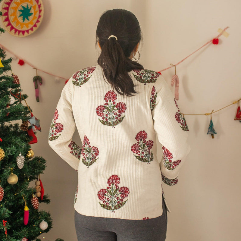 Aafreen Red Poppy Cotton Winter Jacket-Jackets-House of Ekam