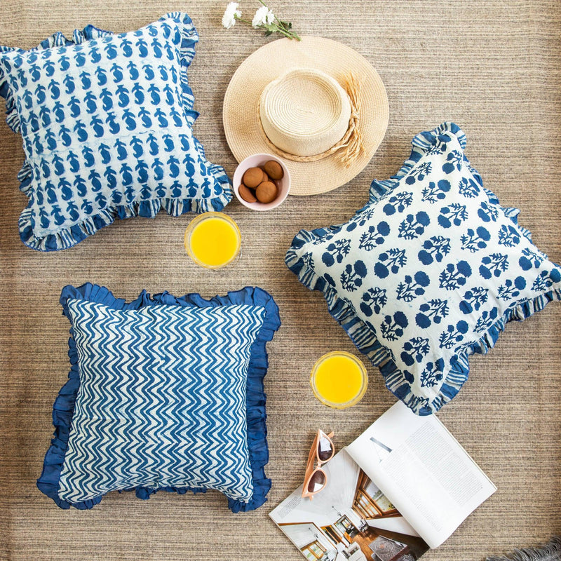 Assorted Set of 3 Indigo Ruffle Blockprint Cushion Covers-Cushion Covers-House of Ekam