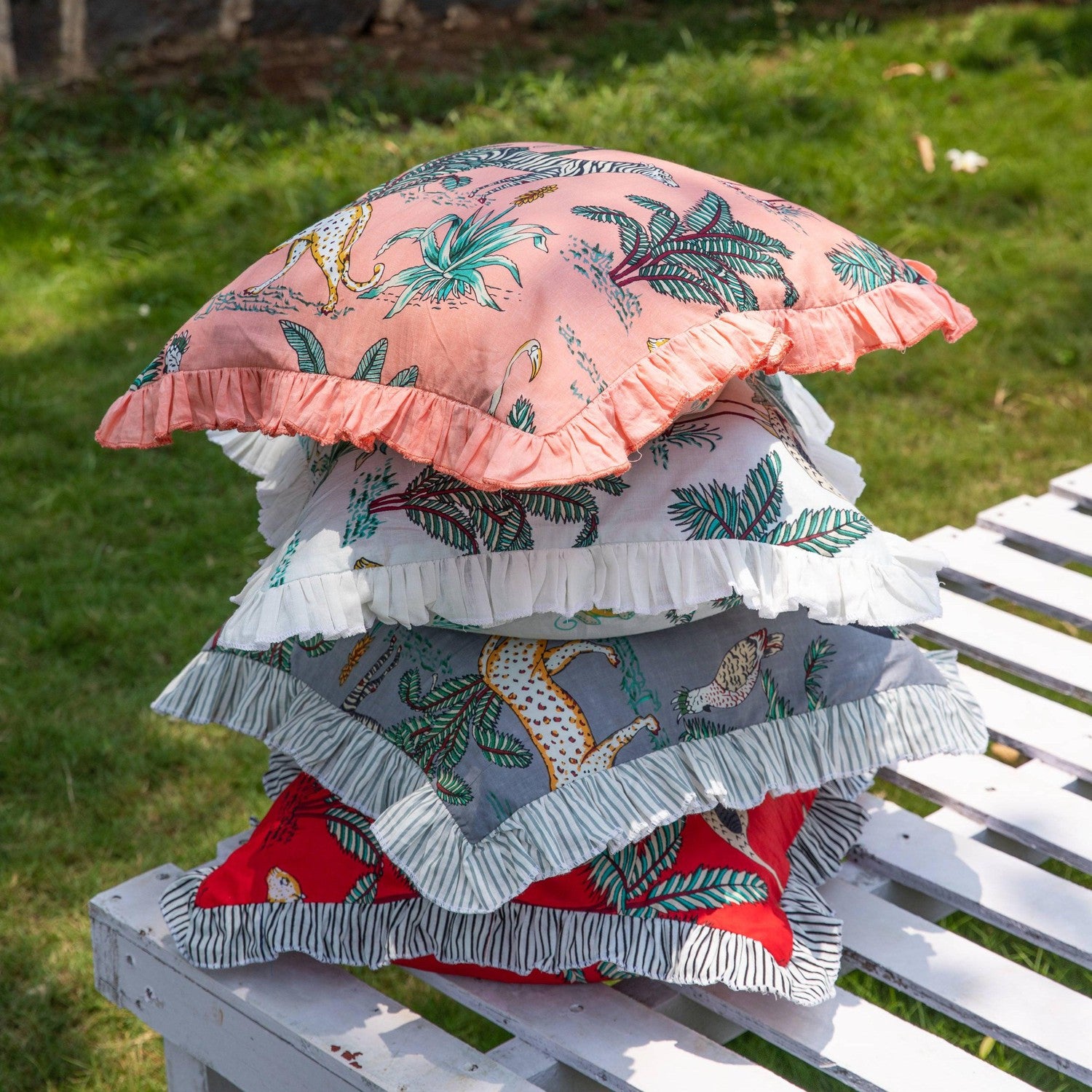 Assorted Set of 4 Tropical Safari Ruffle White Cotton Cushion Covers ...