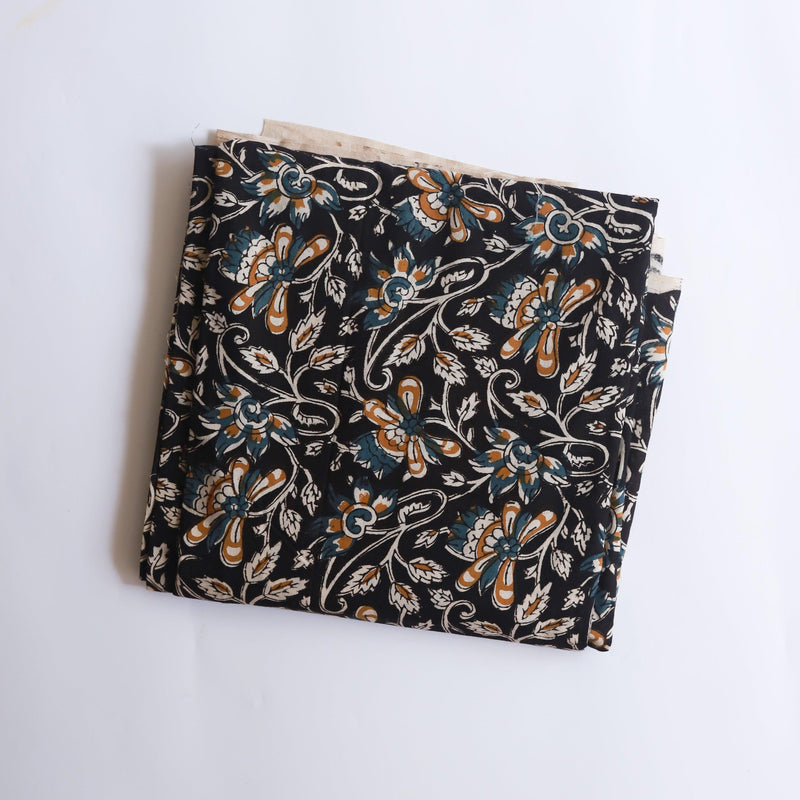 Black Floral Jaal Blockprint Cotton Fabric-fabric-House of Ekam