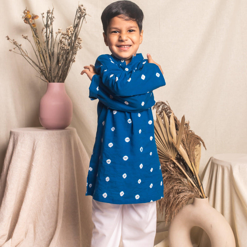 Blue Bandhani Boys Kurta With Pyjama Set-Kidswear-House of Ekam