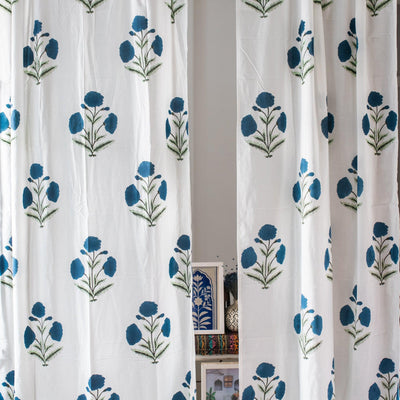 Blue Poppy Cotton Sheer Curtain-Curtains-House of Ekam