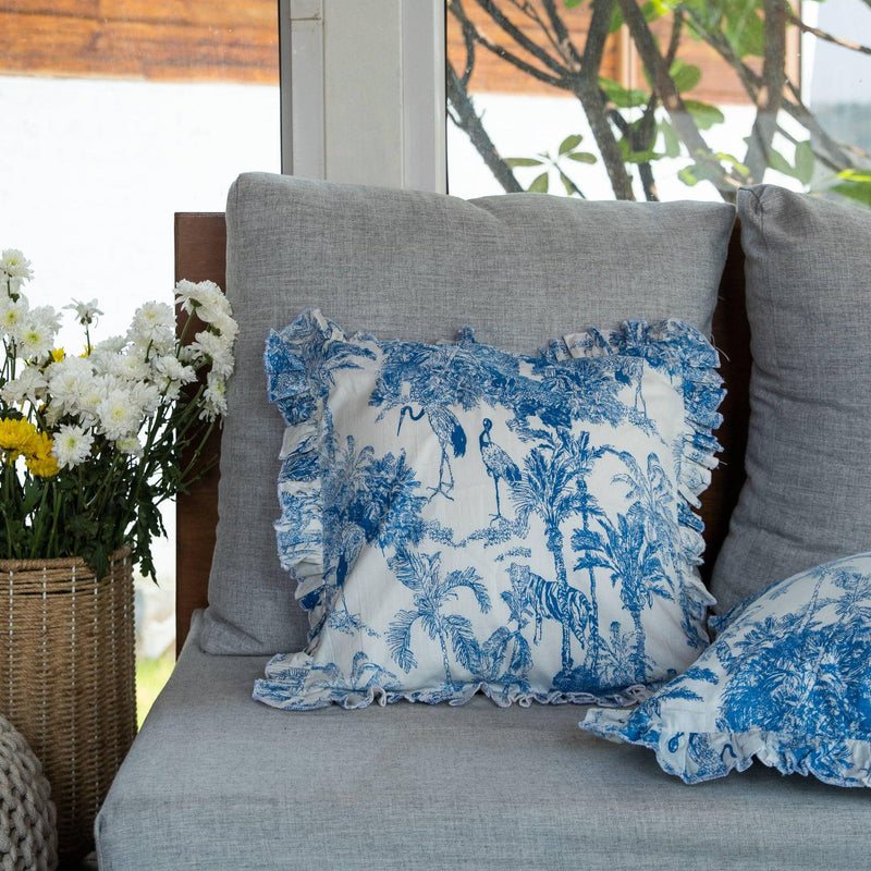 Blue Tropical Dreams Ruffle Cushion Cover-Cushion Covers-House of Ekam