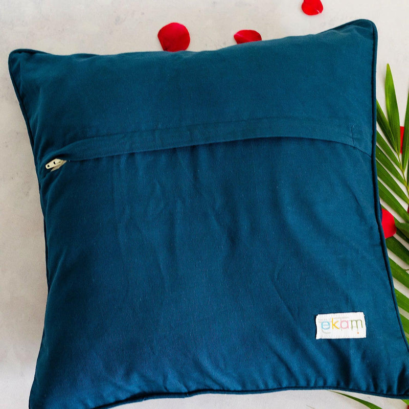 Blue and White Floral Blockprint Mashru Silk Cushion Cover-Cushion Covers-House of Ekam
