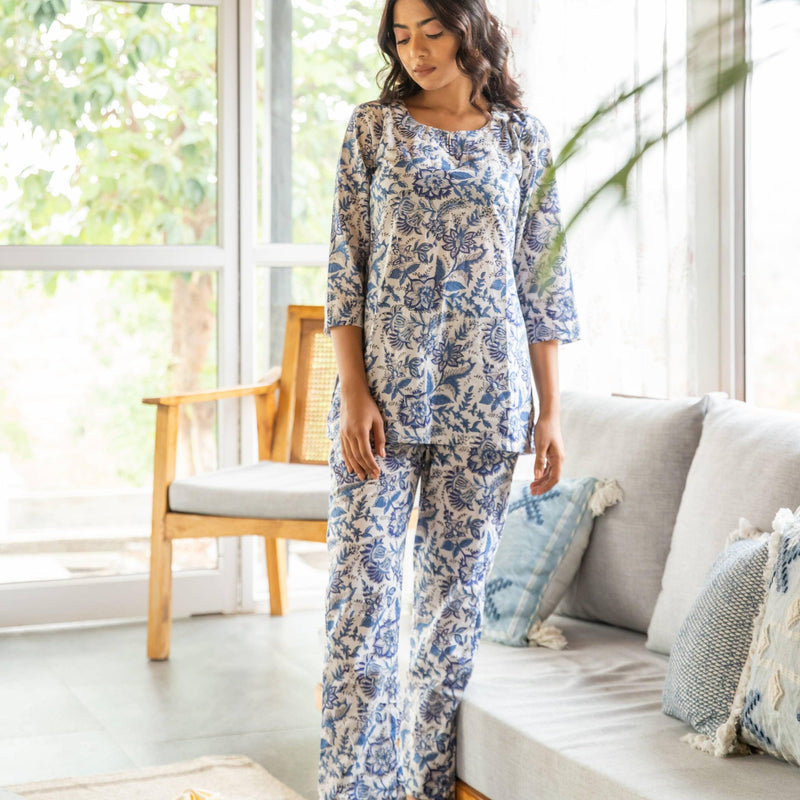 Blue and White Floral Blockprinted Loungewear Pyjama Set-loungewear-House of Ekam