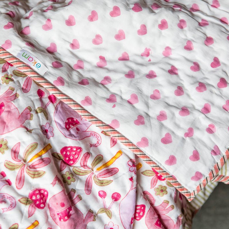 Elephant & Strawberry Blockprinted Cotton Baby Quilt-Baby quilts-House of Ekam