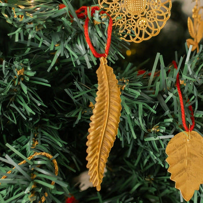 Gold Metal Long Leaf Christmas Ornament Set Of 2-Ornaments-House of Ekam