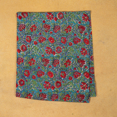 Green and Red Floral Jaal Hand Blockprinted Cotton Fabric-fabric-House of Ekam