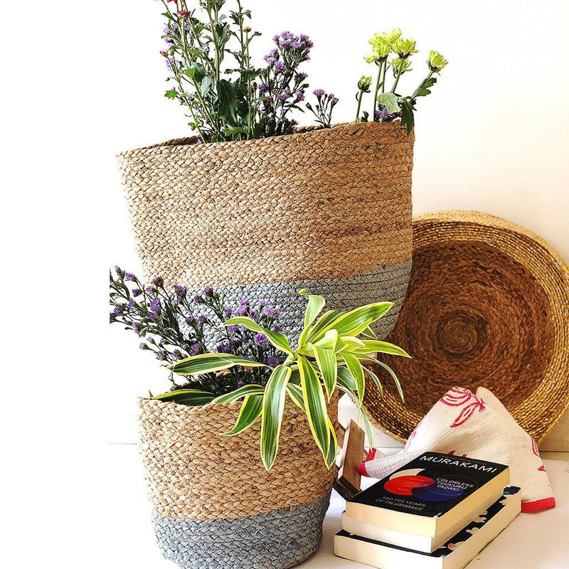 Grey Jute Planter Cum Storage Basket (S,M,L)-Planters-House of Ekam