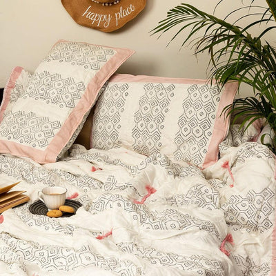 Ikat Embroidered Double Bed Jaipuri Reversible Quilt Set-Quilt sets-House of Ekam