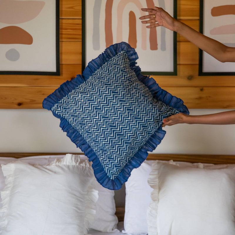 Indigo Chevron Ruffle Blockprint Cushion Cover-Cushion Covers-House of Ekam