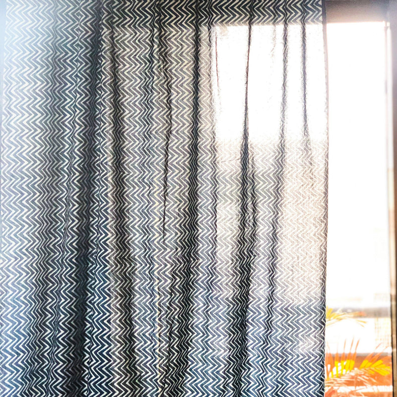 Indigo Chevron Semi Sheer Curtain-Curtains-House of Ekam