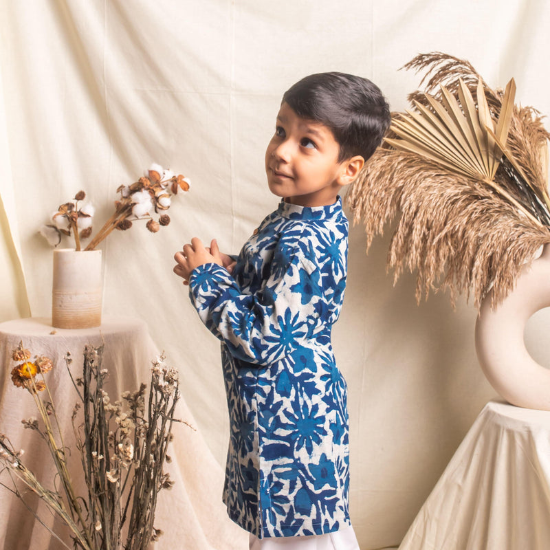 Indigo Floral Blockprint Boys Kurta with Pyjama Set-Kidswear-House of Ekam