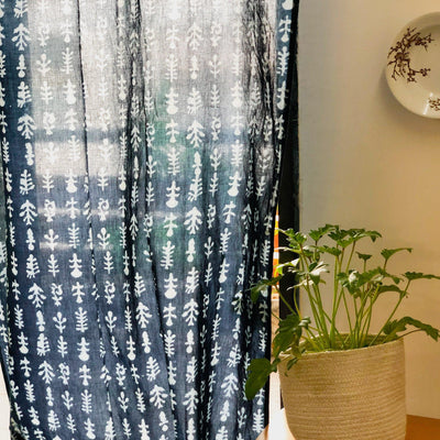 Indigo Floral Print Semi Sheer Curtain-Curtains-House of Ekam