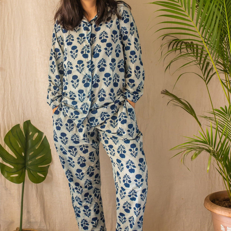 Indigo Marigold Blockprinted Loungewear Pyjama Set-loungewear-House of Ekam