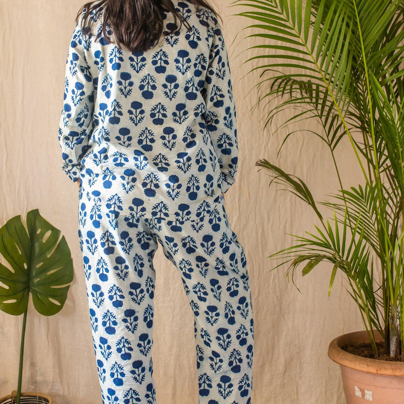 Indigo Marigold Blockprinted Loungewear Pyjama Set-loungewear-House of Ekam