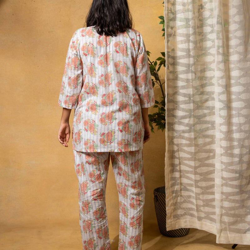 Kentish Rose Stripe Blockprinted Loungewear Pyjama Set-loungewear-House of Ekam