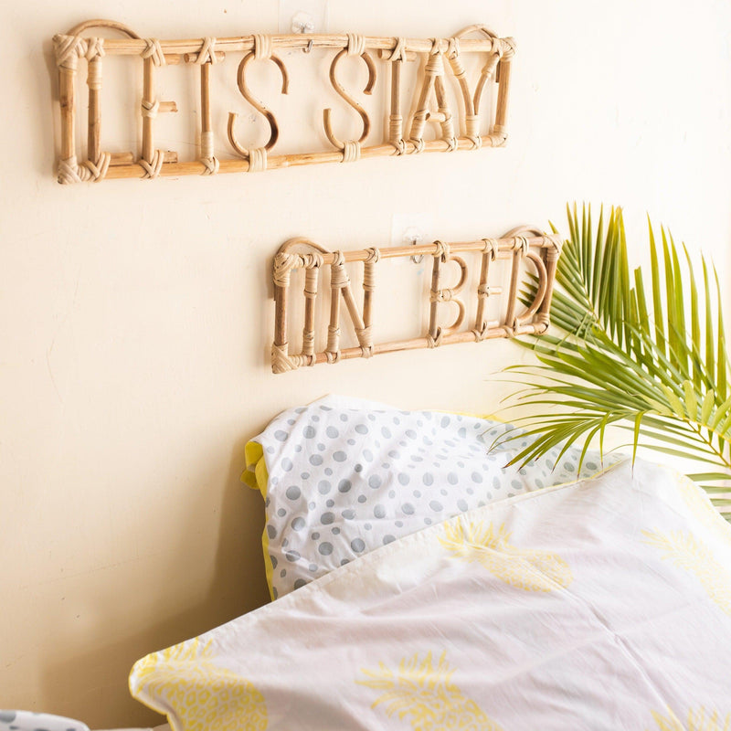Lets Stay in Bed Rattan Wall Art Quote-Quotes-House of Ekam