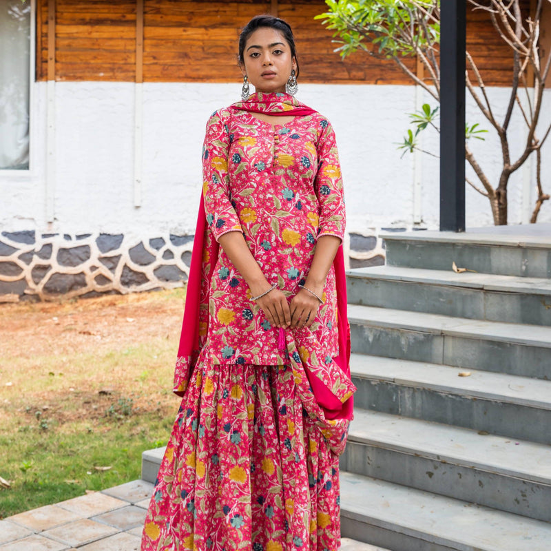 Nisha Pink Floral Hand Blockprinted Sharara Suit Set-Suits-House of Ekam