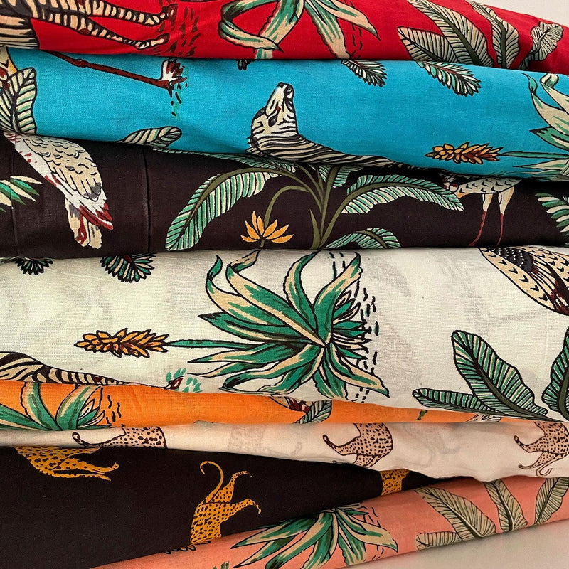 Orange Tropical Safari Hand Screenprinted Cotton Fabric-fabric-House of Ekam