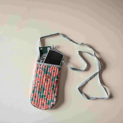 Peach & Green Daisy Hand Blockprinted Phone Sling-Phone Sling-House of Ekam
