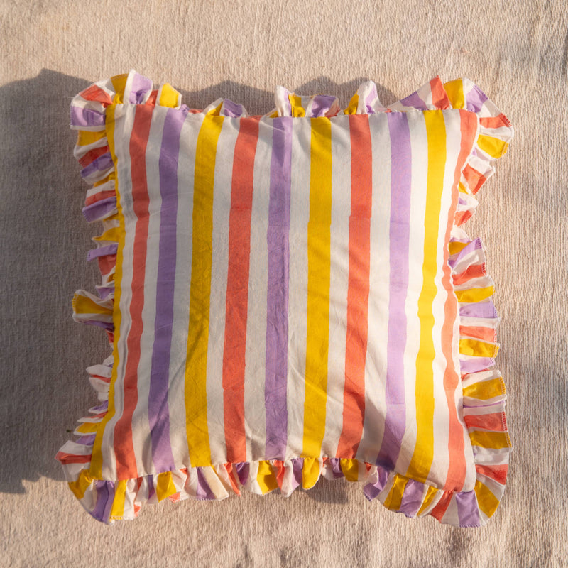 Peach Stripe Blockprint Ruffle Cushion Cover-Cushion Covers-House of Ekam