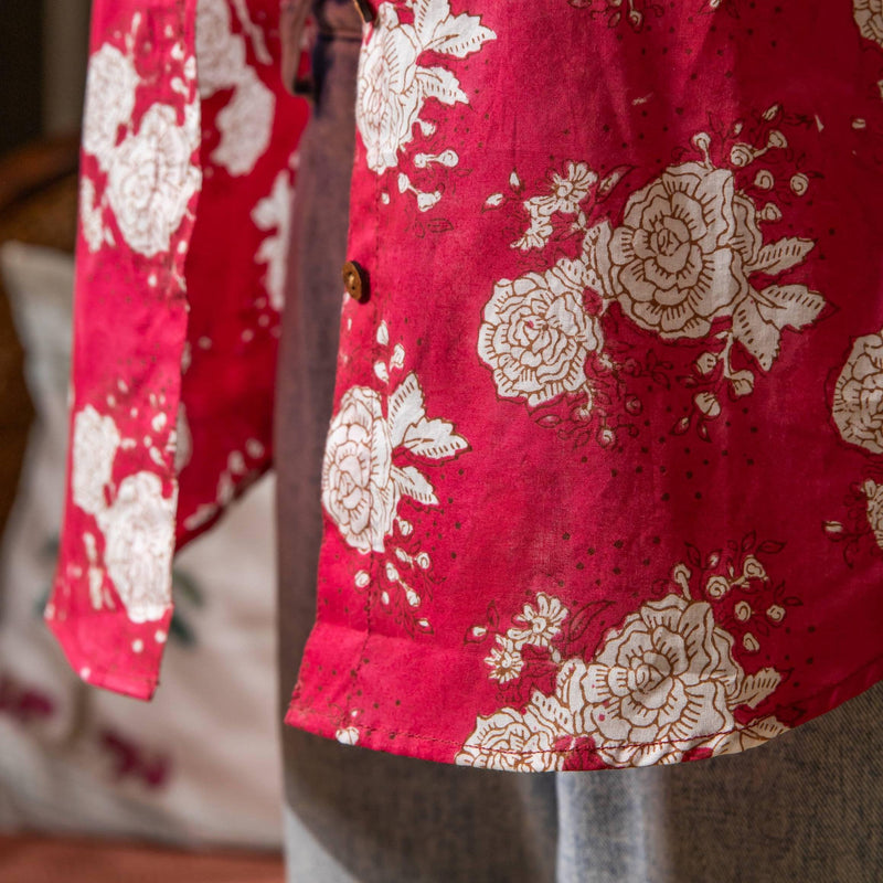 Rani Pink Kentish Rose Handblock Printed Shirt-Shirts-House of Ekam