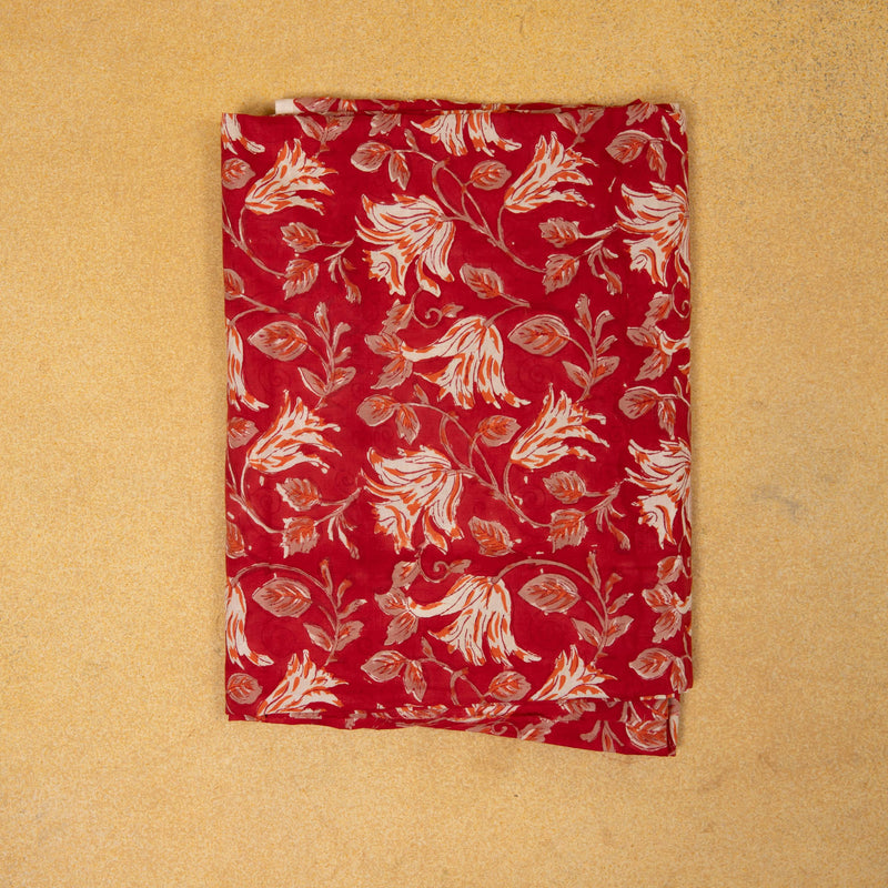 Red Lilies Hand Blockprinted Cotton Fabric-fabric-House of Ekam