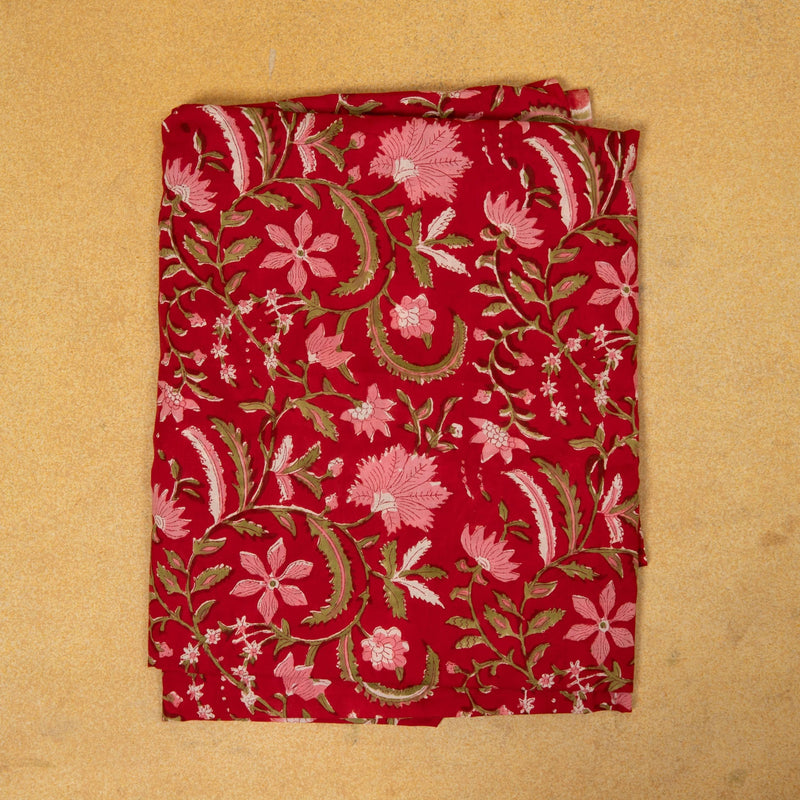 Red Multifloral Jaal Hand Blockprinted Cotton Fabric-fabric-House of Ekam