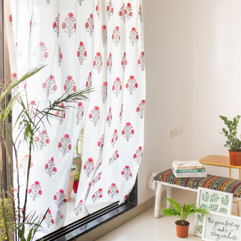 Red Poppy Blockprint Sheer Curtain-Curtains-House of Ekam