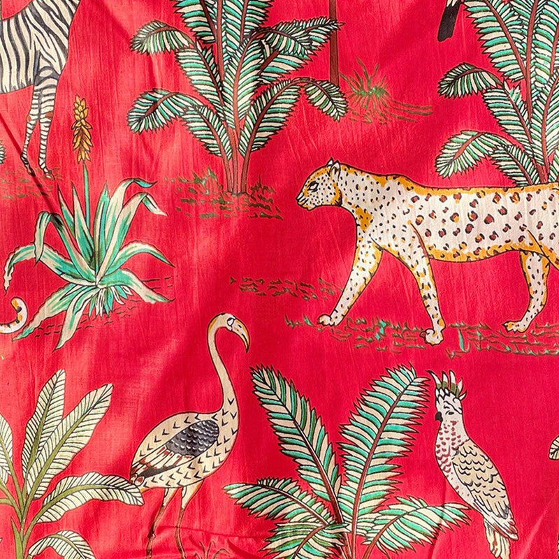 Red Tropical Safari Hand Screenprinted Cotton Fabric-fabric-House of Ekam