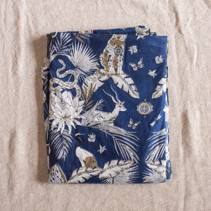 The Art Of God Blue Jungle Hand Screenprinted Cotton Fabric-fabric-House of Ekam