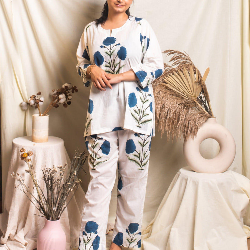 White And Blue Poppy Blockprinted Loungewear Pyjama Set-loungewear-House of Ekam