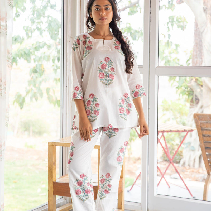 White and Pink Begonia Blockprinted Loungewear Pyjama Set-loungewear-House of Ekam
