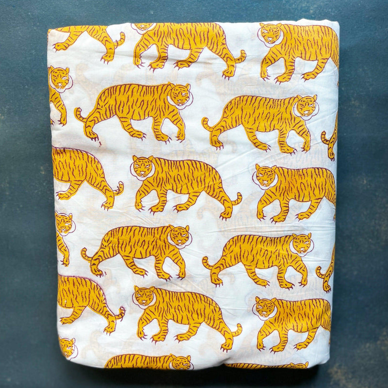 White and Yellow Tiger Blockprint Cotton Fabric-fabric-House of Ekam