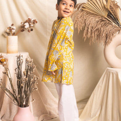 Yellow Floral Blockprint Boys Kurta with Pyjama Set-Kidswear-House of Ekam