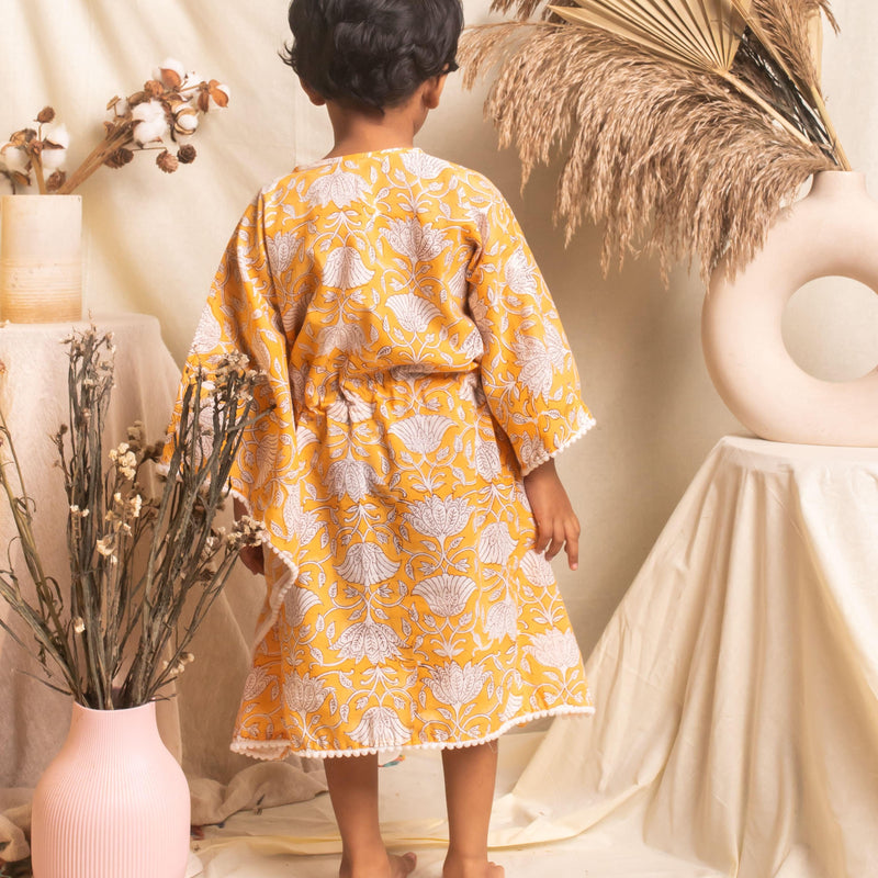Yellow Floral Blockprint Girl Kaftan-Kidswear-House of Ekam