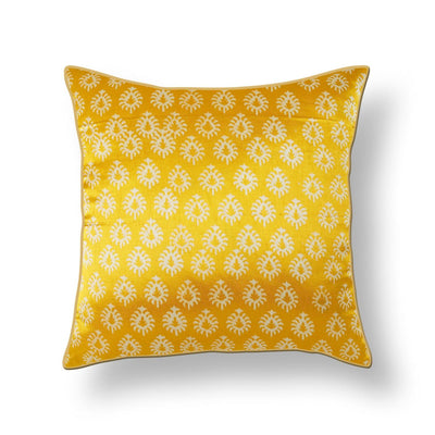Yellow Floral Blockprint Mashru Silk Cushion Cover-Cushion Covers-House of Ekam
