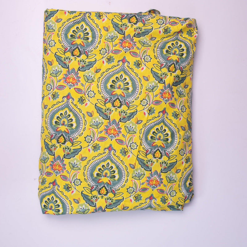 Yellow Floral Hand Screenprinted Cotton Fabric-fabric-House of Ekam
