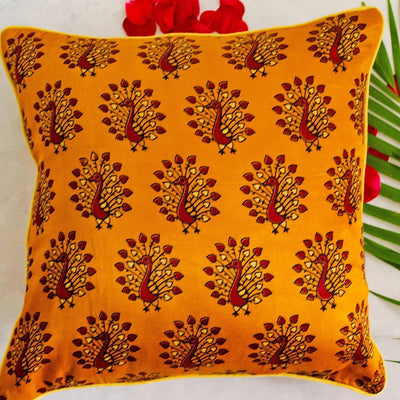Yellow Peacock Print Mashru Silk Cushion Cover-Cushion Covers-House of Ekam