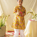 Yellow & Pink Floral Jaal Printed Boys Kurta with Waist Coat and Pyjama-Kidswear-House of Ekam