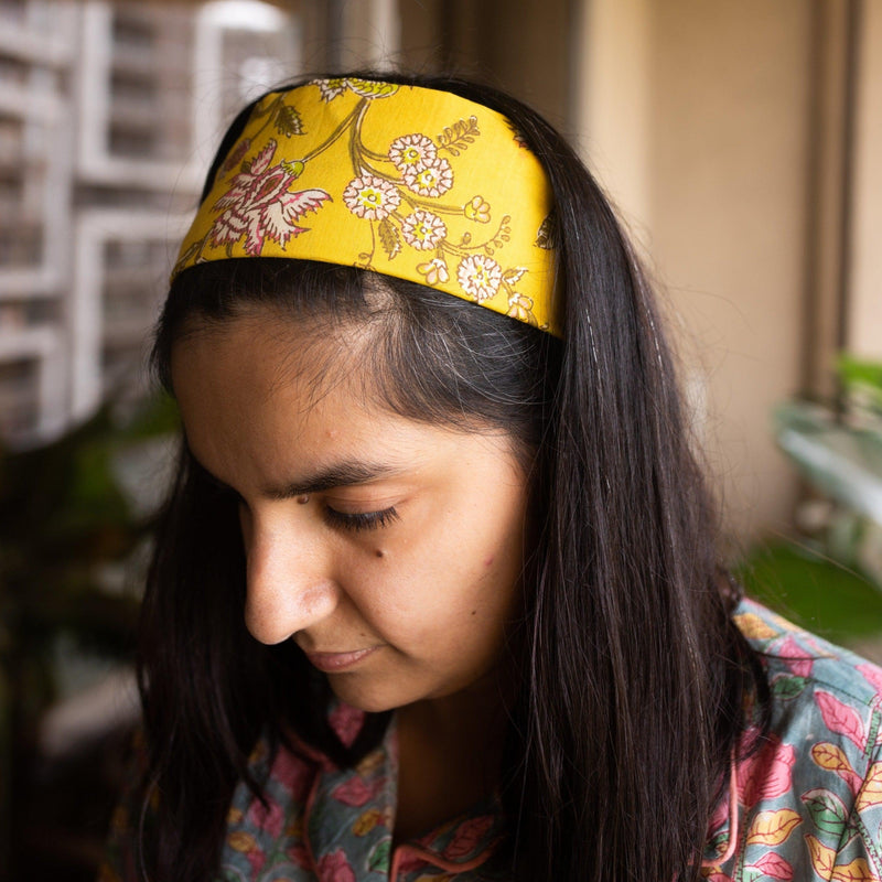 Yellow Spring Blockprint Hairband-Women accessories-House of Ekam