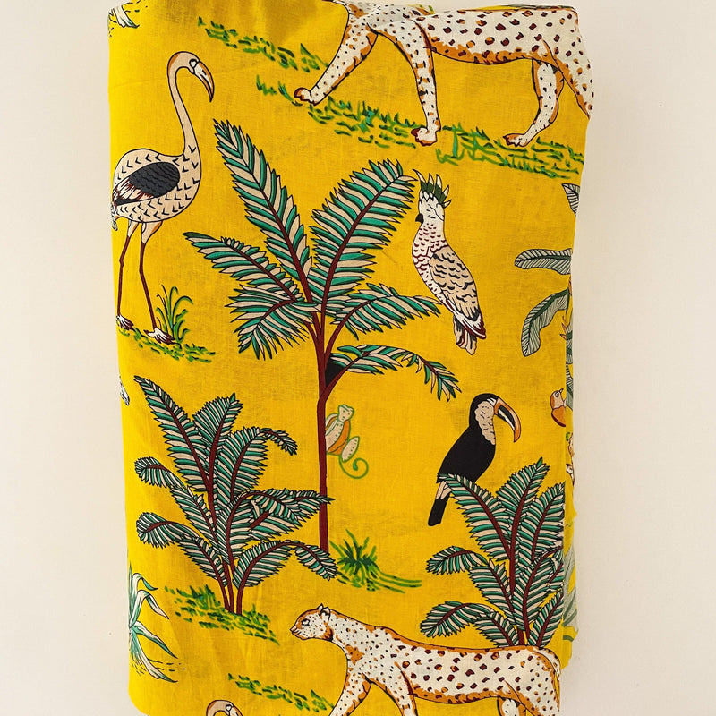 Yellow Tropical Safari Hand Screenprinted Cotton Fabric-fabric-House of Ekam