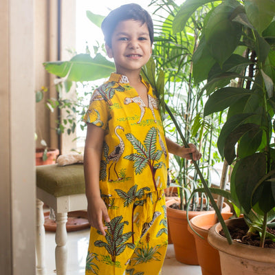 Yellow Tropical Safari Screenprint Boys Nightsuit Set-Kidswear-House of Ekam