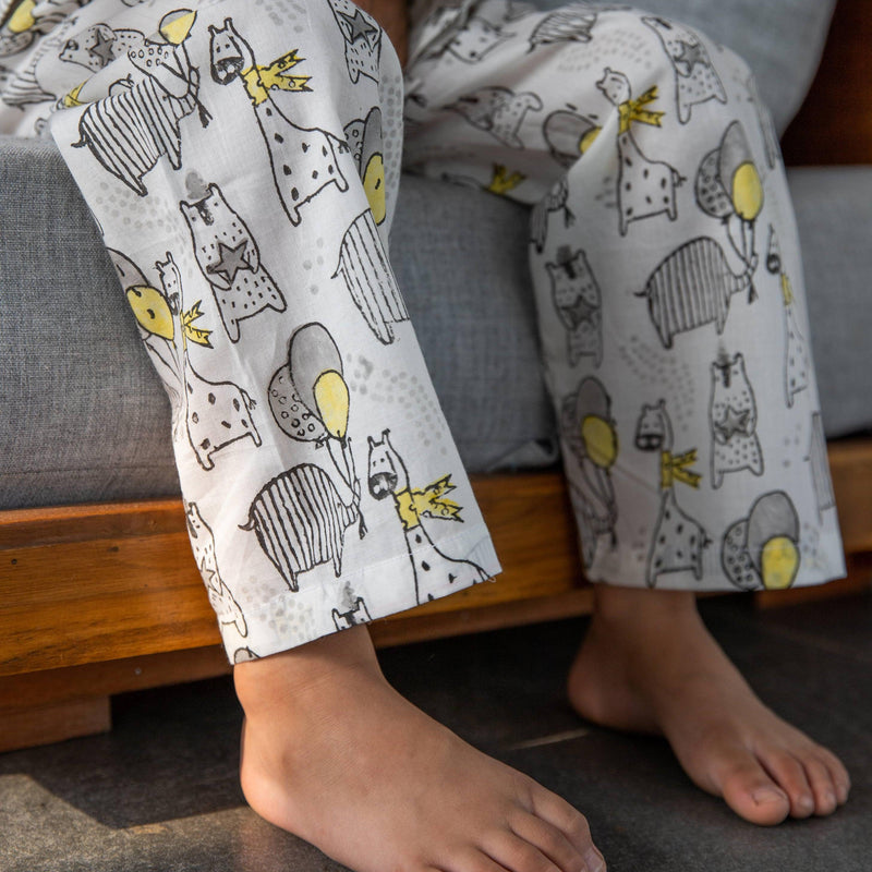 Yellow and Grey Animal Party Blockprinted Nightsuit Set-Kidswear-House of Ekam