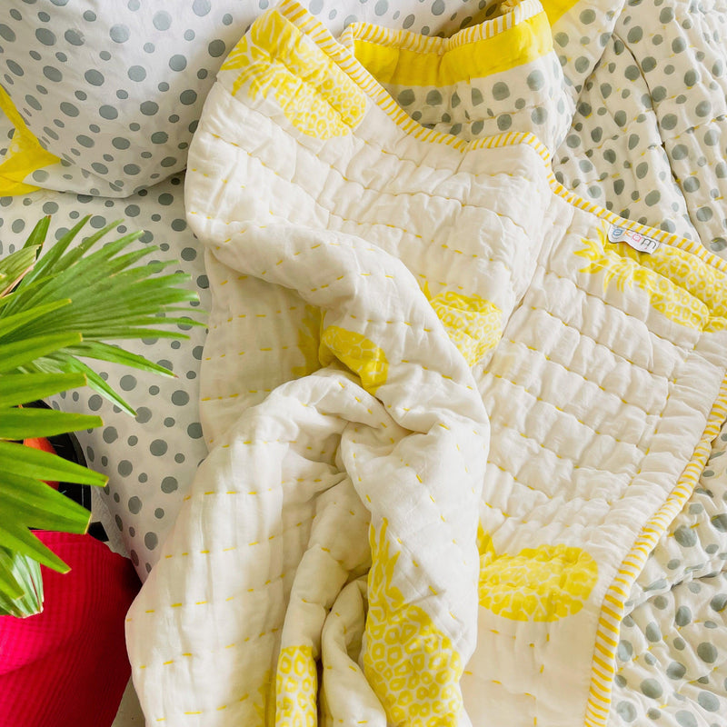 Yellow and Grey Polka Pineapple Reversible Summer Kantha Dohar/Quilt-Quilt sets-House of Ekam