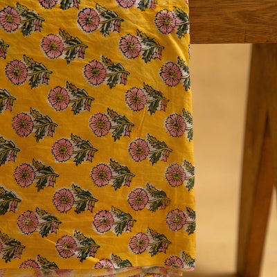 Yellow and Pink Single Buta Hand Blockprinted Cotton Fabric-fabric-House of Ekam